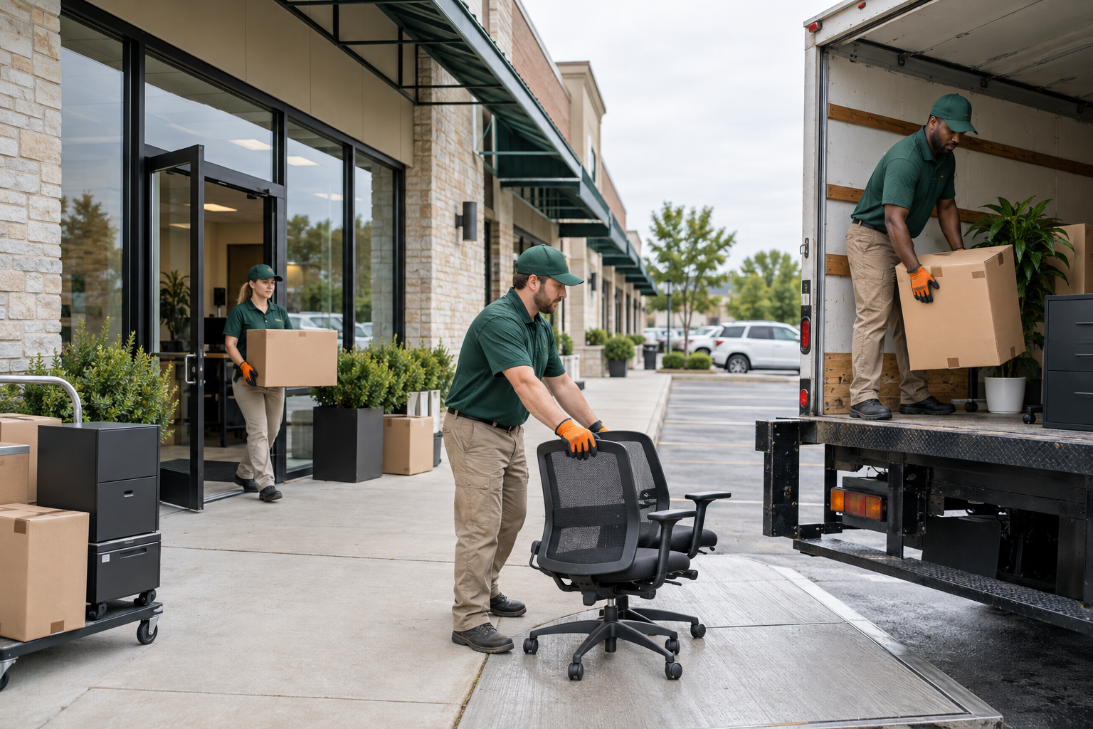 Commercial cleanout crew loading office chairs and boxed items from a storefront into a removal truck