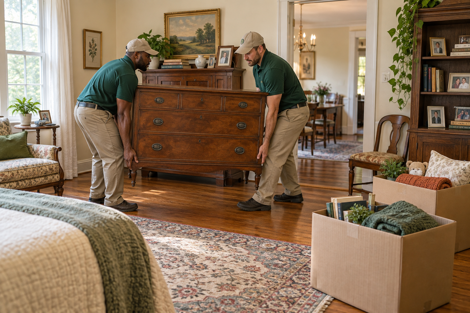 Estate cleanout crew carefully moving a vintage dresser past neatly separated household boxes