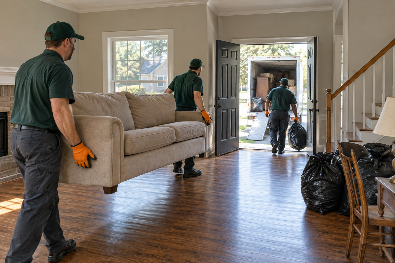 Property cleanout crew removing furniture and bagged household items from a vacant home