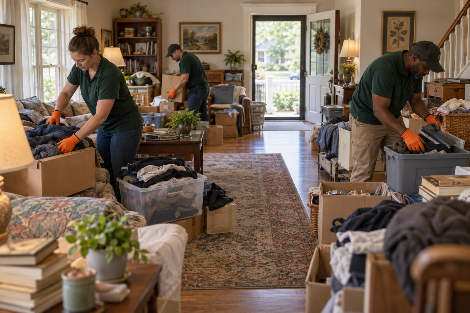 Respectful staged cleanout crew sorting household belongings while preserving a clear walkway