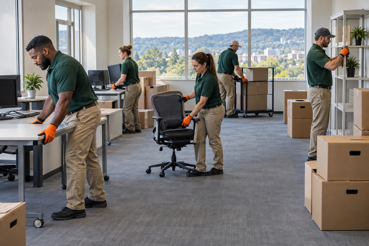 Organized office cleanout with a crew moving desks, chairs, shelving, monitors, and boxes