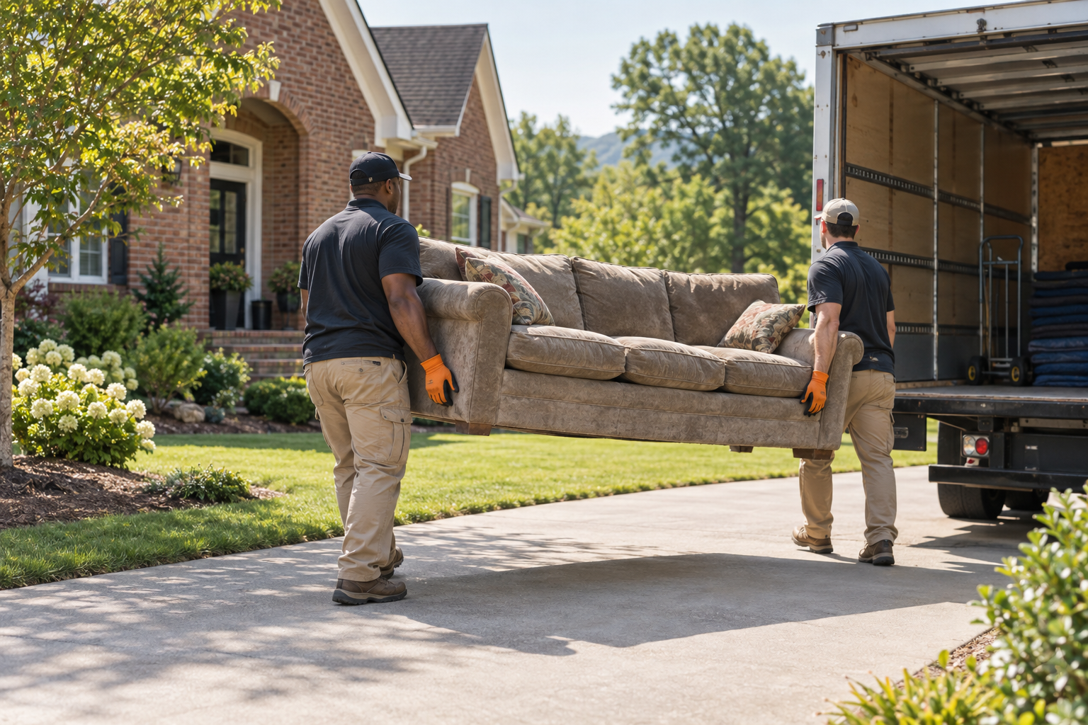 Two-person junk removal crew carrying a sofa toward a box truck outside a North Alabama home